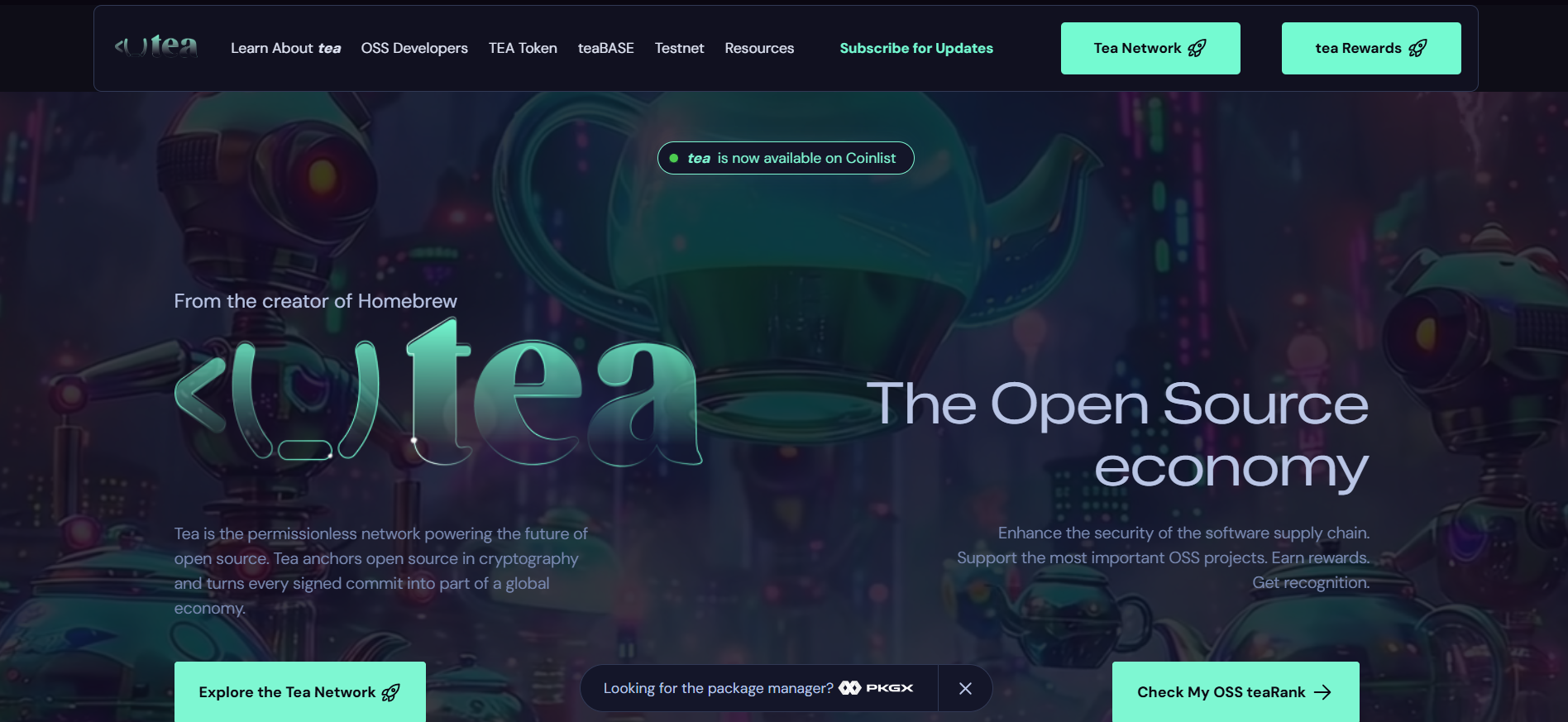 الصفحة الرئيسية لبروتوكول Tea Protocol التي تعرض نظام مكافآت إثبات المساهمة للمطورين أفضل مبيعات مسبقة للعملات الرقمية في أكتوبر 2025 على Coinlist.
