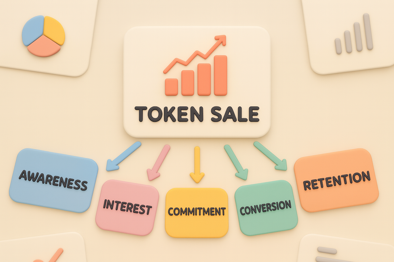 Token sale marketing funnel illustration displaying five stages - awareness, interest, commitment, conversion, and retention - with growth analytics for successful crypto token launch strategy.
