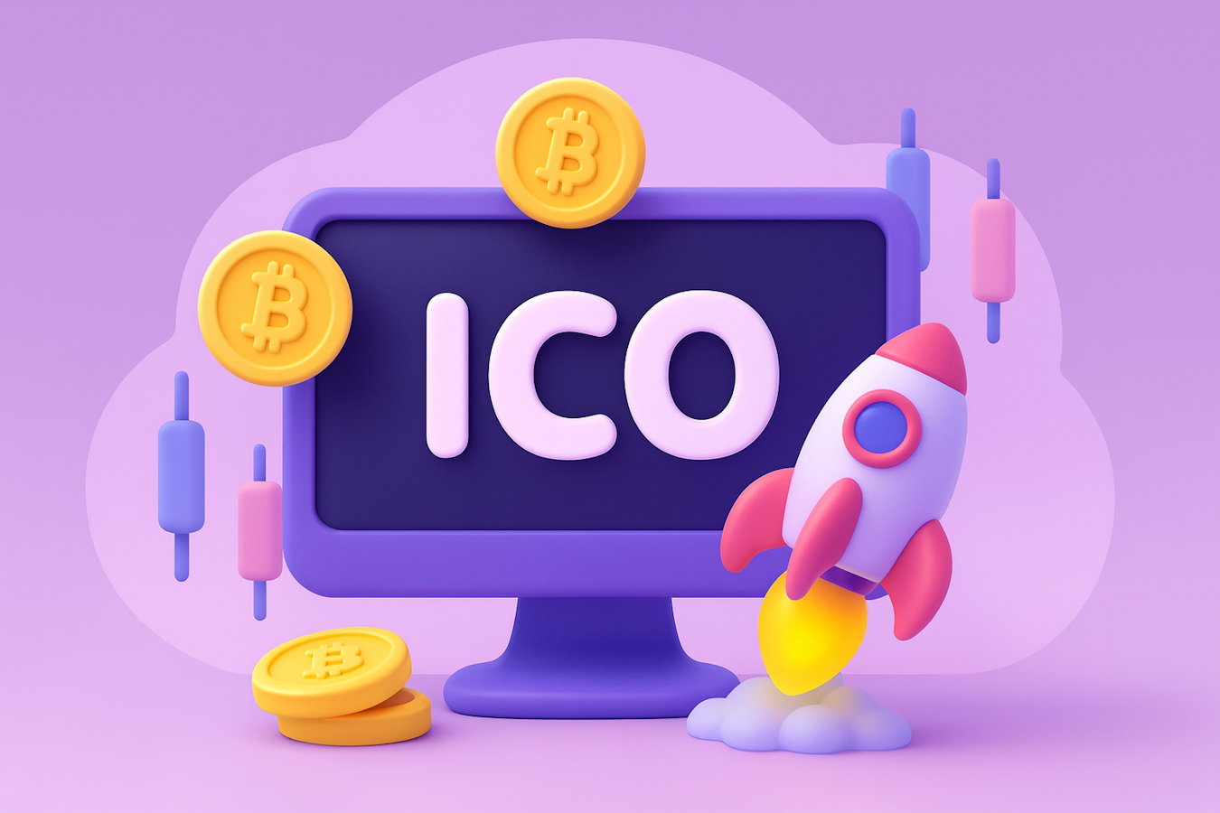 Top ICO marketing agency illustration showing computer monitor with ICO text, Bitcoin coins, rocket launch, and candlestick charts representing token launch success.