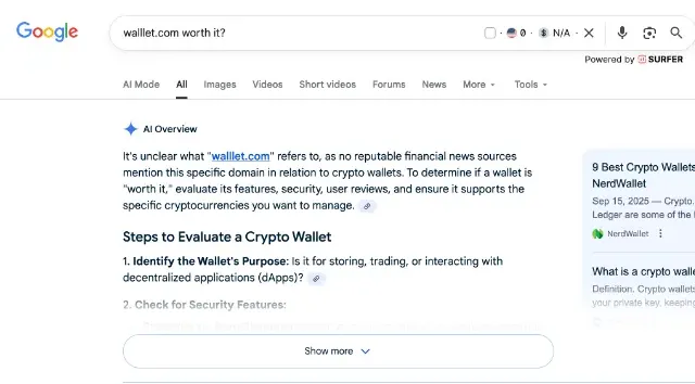 Обзор Google AI до начала SEO-кампании показывает отсутствие признания криптокошелька walllet.com с сообщением о том, что ни один авторитетный источник не упоминает этот домен.