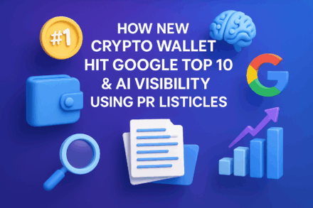 Hero image for Walllet.com case study showing crypto wallet icon, Google logo, AI brain, growth chart, and number one badge illustrating how new crypto wallet achieved Google Top 10 rankings and AI visibility using PR listicles SEO strategy.