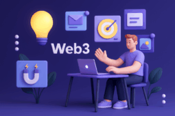 Espacio de trabajo de estrategia de marketing Web3 con un profesional del blockchain que gestiona campañas digitales con objetivos y análisis de objetivos de alcance por correo electrónico del icono de innovación de la bombilla para el crecimiento del protocolo DeFi.
