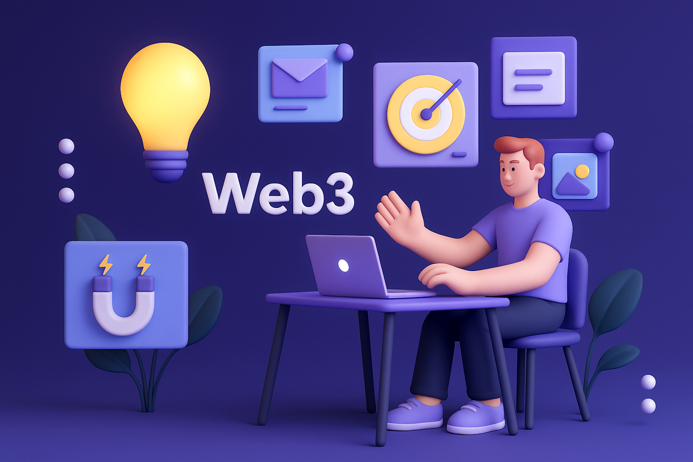 Web3マーケティング戦略ワークスペースは、DeFiプロトコルの成長のために、電球イノベーションアイコンEメールアウトリーチターゲット目標と分析を特徴とするデジタルキャンペーンを管理するブロックチェーンプロフェッショナルと。
