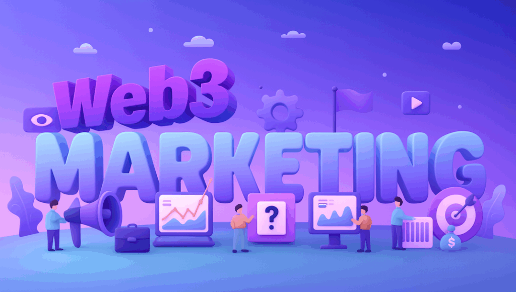 Web3 marketing team collaboration scene with blockchain professionals analyzing growth charts analytics dashboards and target metrics for cryptocurrency and DeFi protocol campaigns.