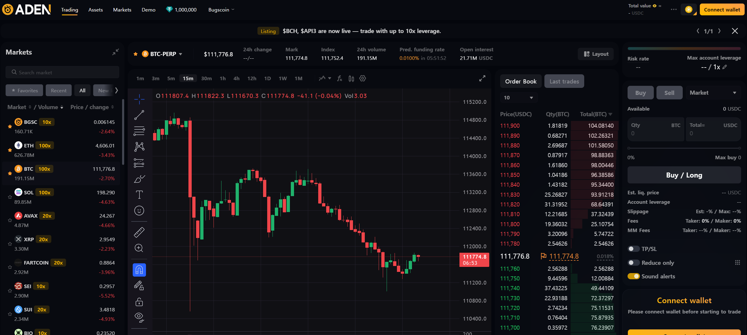 ADEN decentralized derivatives exchange integrated with Gate.io offering 225 perpetual markets.
