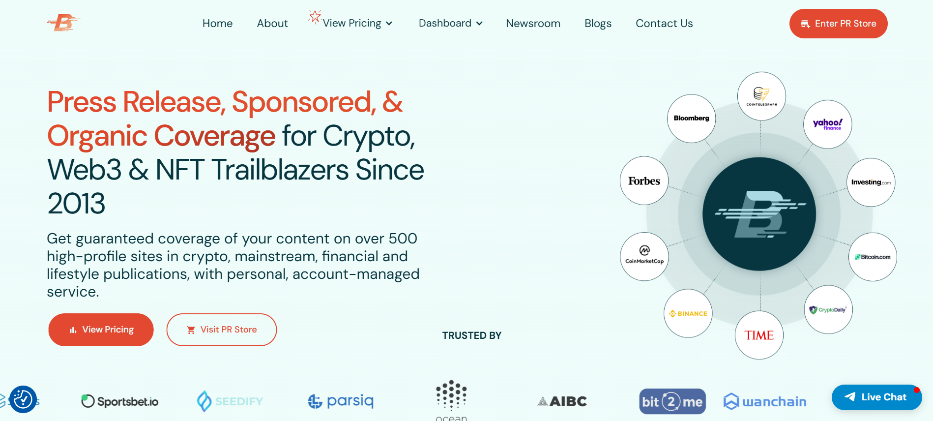 Bitcoin PR Buzz homepage displaying crypto press release distribution services, cryptocurrency media network and blockchain news syndication capabilities.