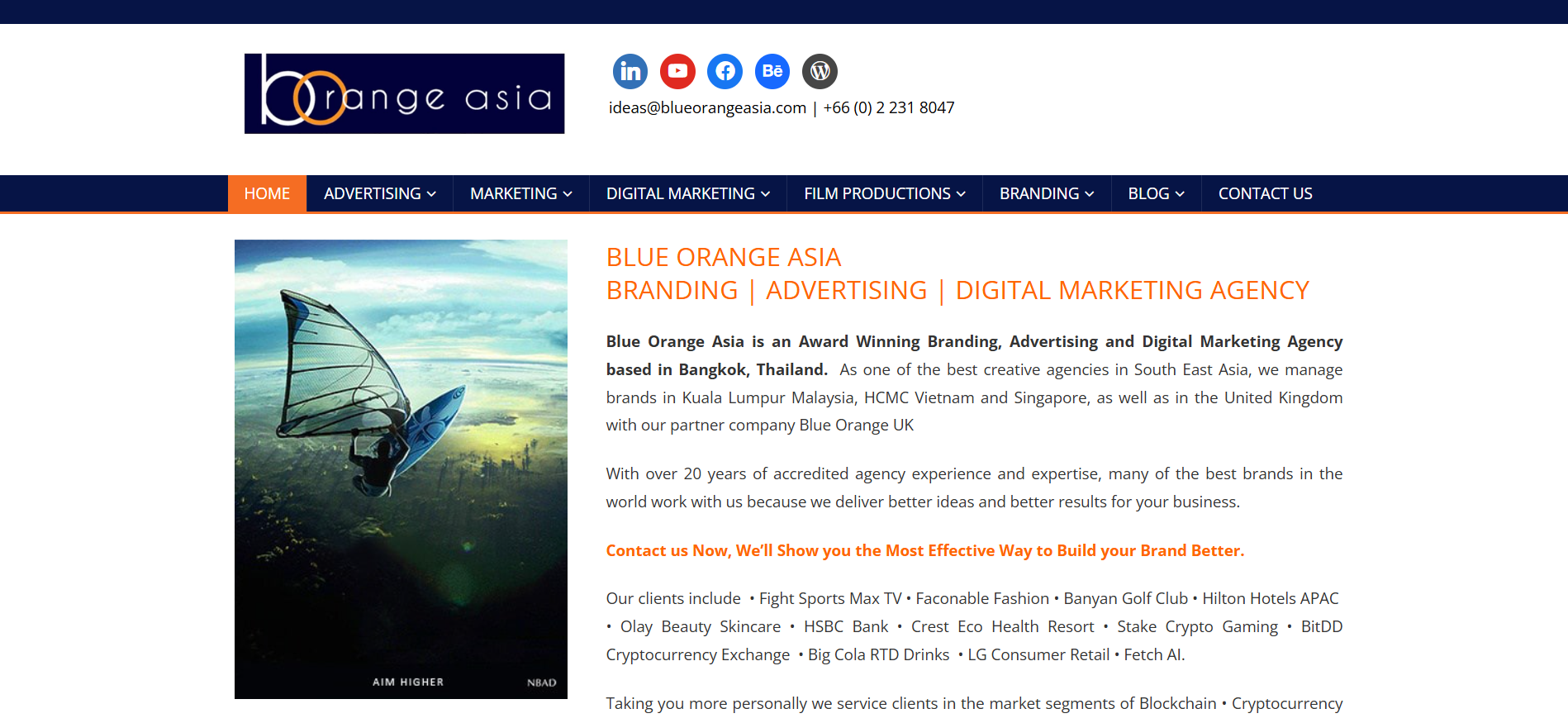 Blue Orange Asia homepage featuring Southeast Asian crypto PR expertise, regional blockchain market entry services and cryptocurrency exchange launch support.