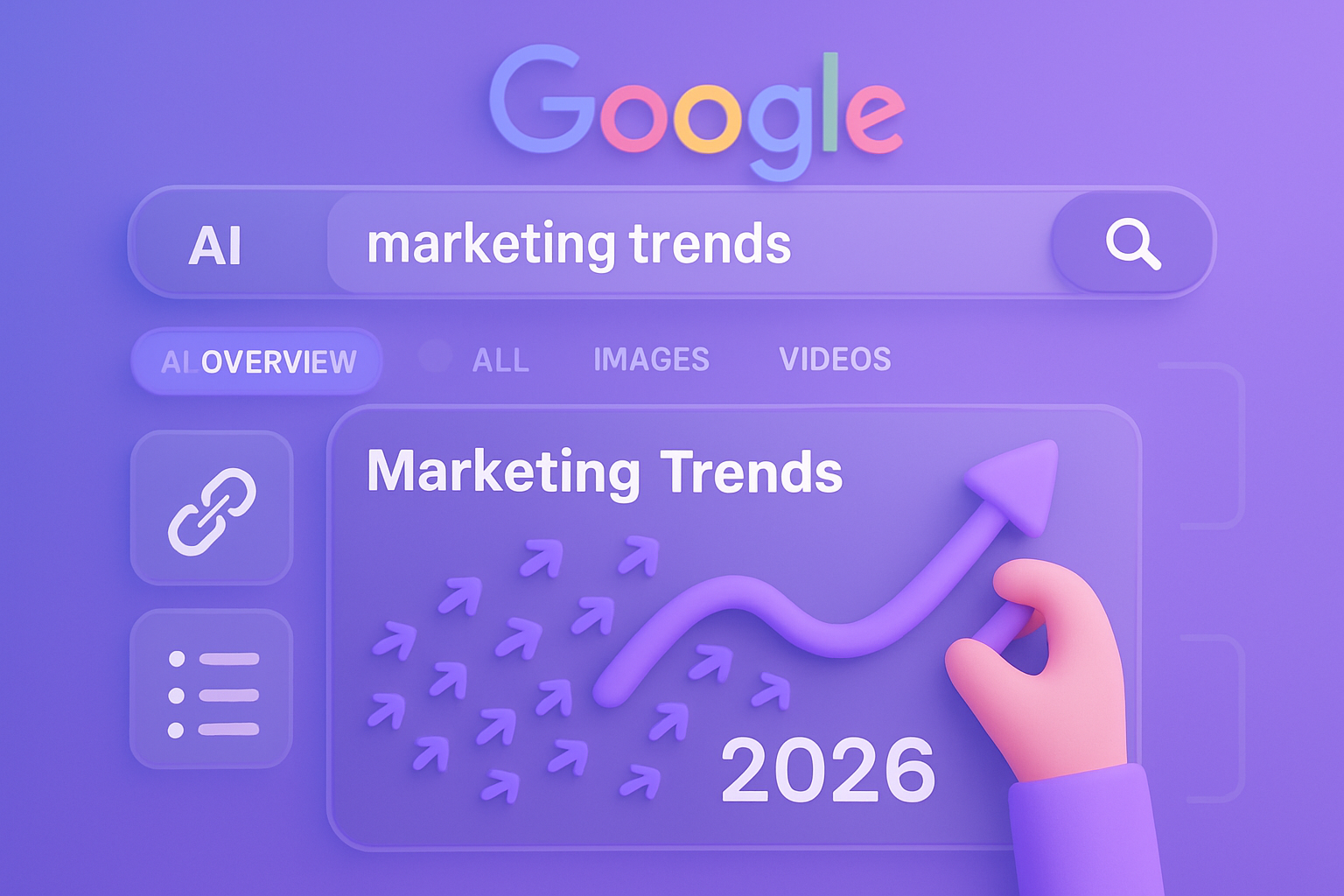 رسم توضيحي ثلاثي الأبعاد لواجهة بحث جوجل بلون أرجواني ناعم مع تدرجات لينة. تُظهر الشاشة شريط بحث مستدير يحتوي على عبارة 