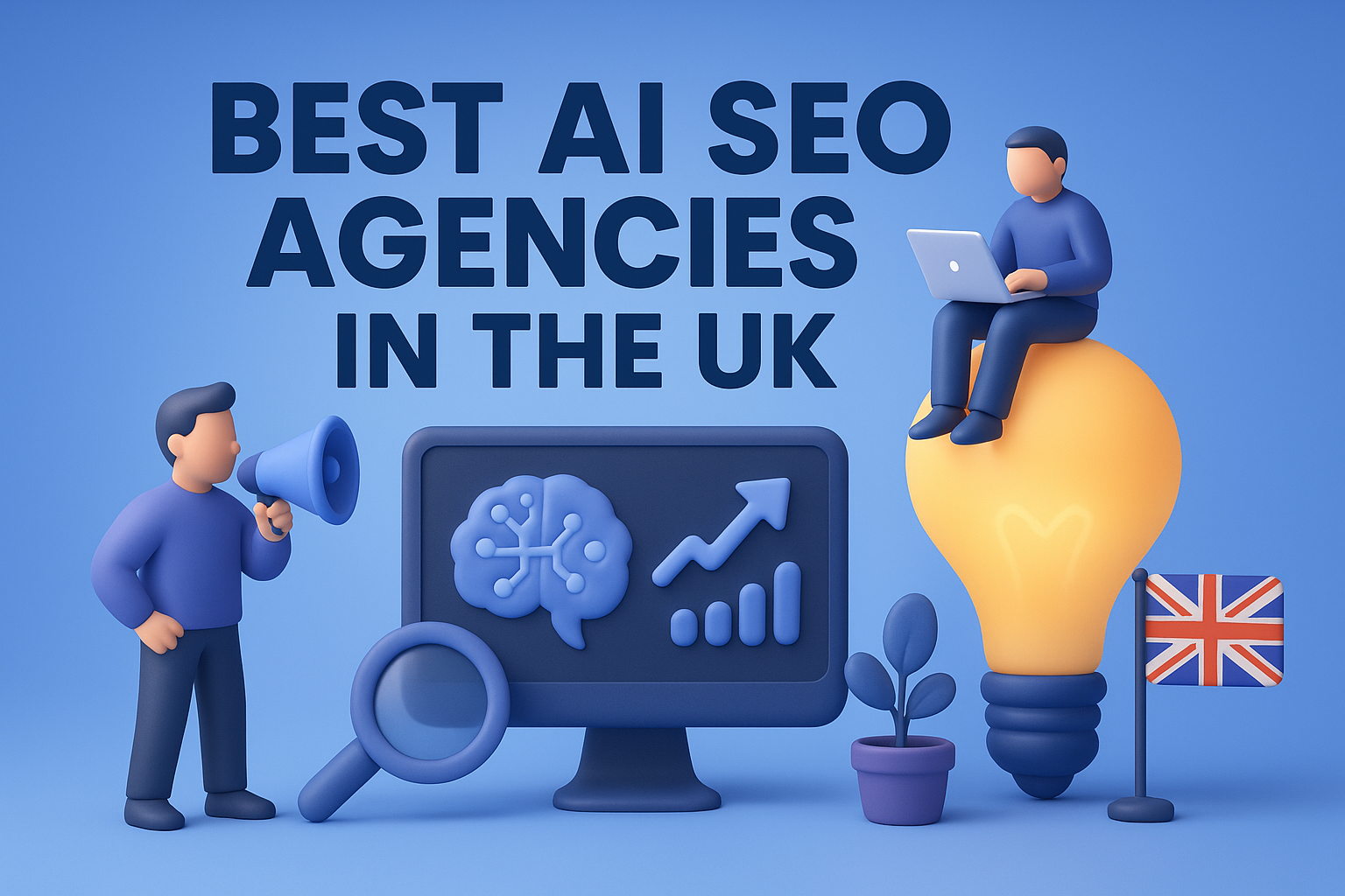 3D illustration with bold text ‘Best AI SEO Agencies in the UK,’ showing characters using a megaphone and laptop, an AI-themed computer screen, a glowing lightbulb, and a UK flag in soft blue and purple tones.