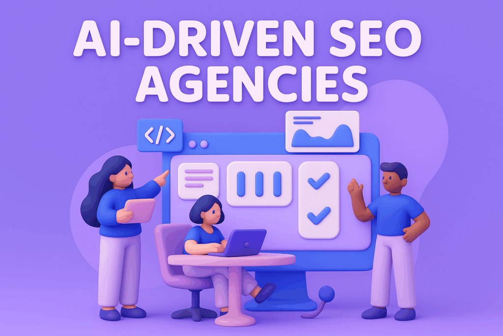 3D illustration of three people working at a large screen with charts, with the title ‘AI-Driven SEO Agencies’ above.