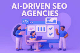 3D illustration of three people working at a large screen with charts, with the title ‘AI-Driven SEO Agencies’ above.