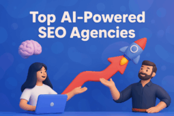 3D illustration of two people with a rising arrow and rocket under the title “Top AI-Powered SEO Agencies” on a blue abstract background.
