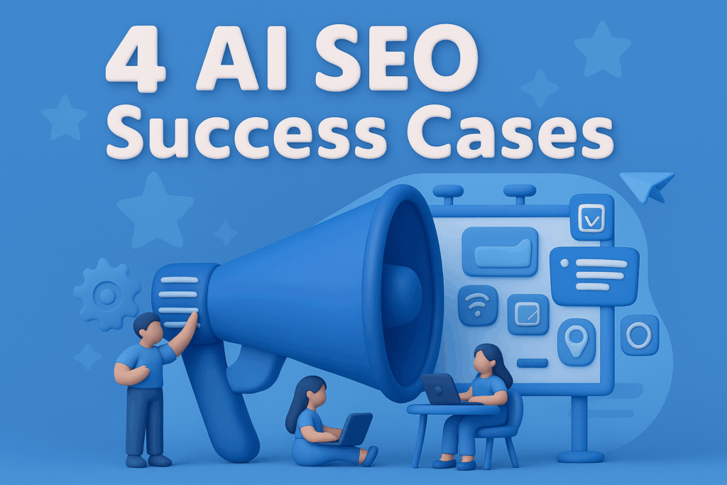 Ilustração azul em estilo 3D com megafone, pessoas a utilizar computadores portáteis, ícones e o texto 