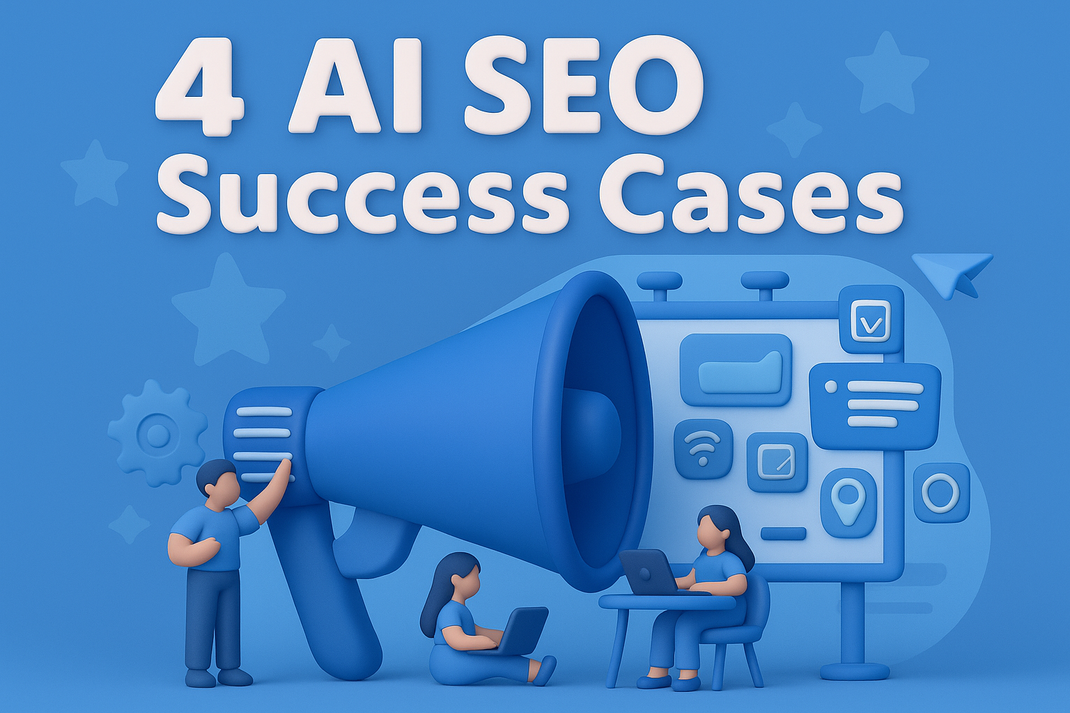 확성기, 노트북을 사용하는 사람들, 아이콘, '4가지 AI SEO 성공 사례'라는 텍스트가 있는 파란색 3D 스타일의 일러스트레이션.
