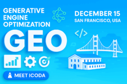 Blaues 3D-Banner für die GEO-Konferenz mit großem 'GEO'-Text, San Francisco-Symbolen und einem 'Meet ICODA'-Button mit Raketenlogo.