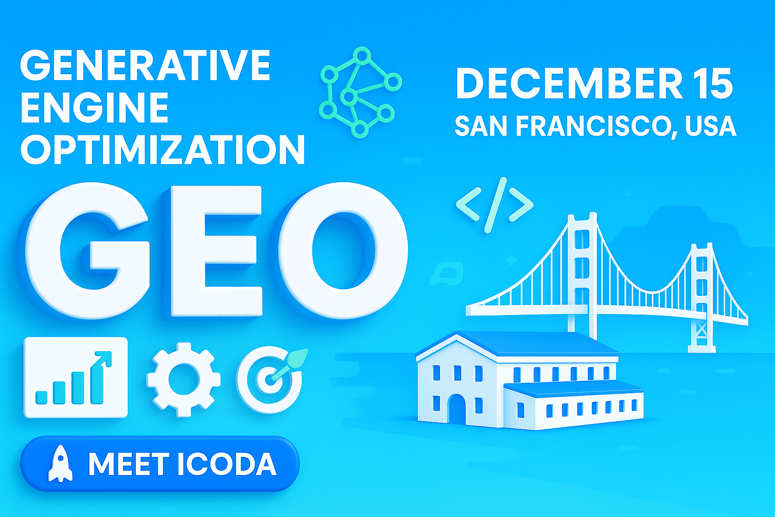 Blaues 3D-Banner für die GEO-Konferenz mit großem 'GEO'-Text, San Francisco-Symbolen und einem 'Meet ICODA'-Button mit Raketenlogo.