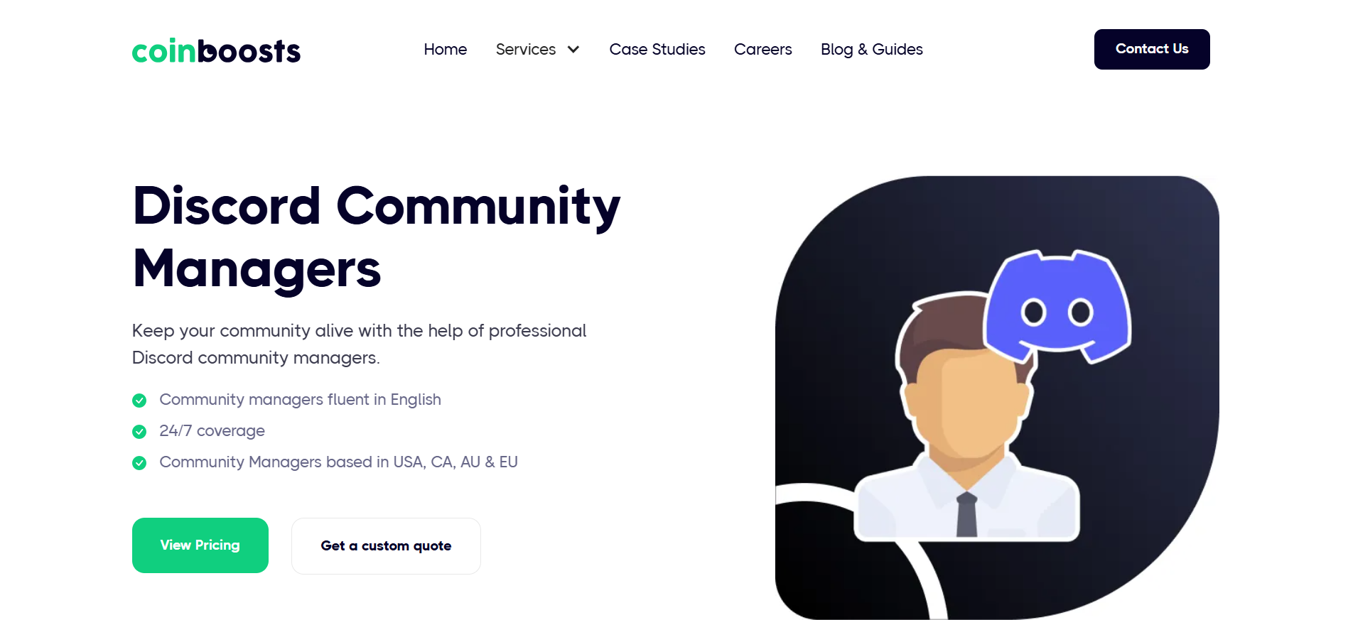 Il sito web di CoinBoosts offre servizi specializzati di gestione della comunità Discord e di coinvolgimento NFT.