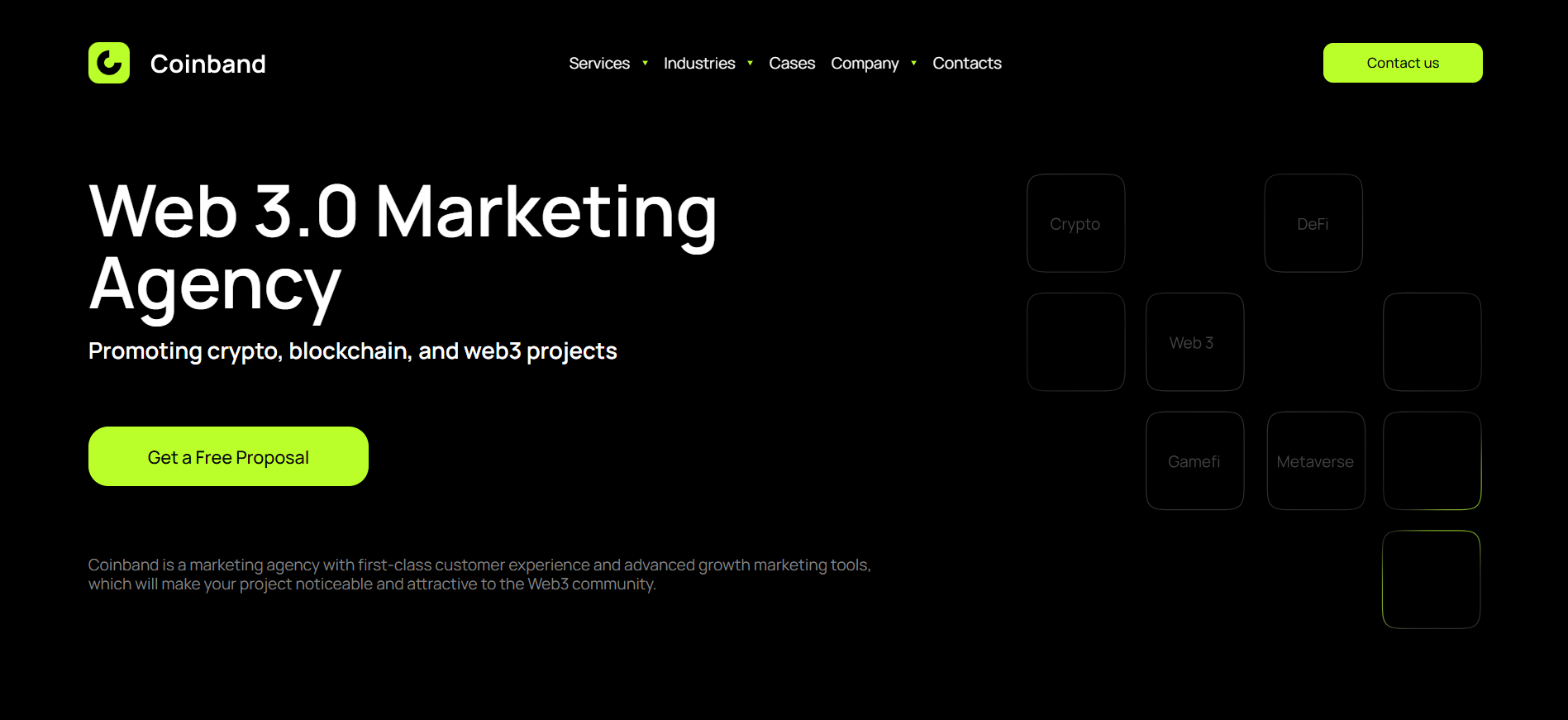 الصفحة الرئيسية لوكالة تسويق العملات المشفرة Coinband لمشاريع DeFi في مراحلها المبكرة مع التخصص في إطلاق ما قبل البيع واستراتيجيات جذب المستثمرين.