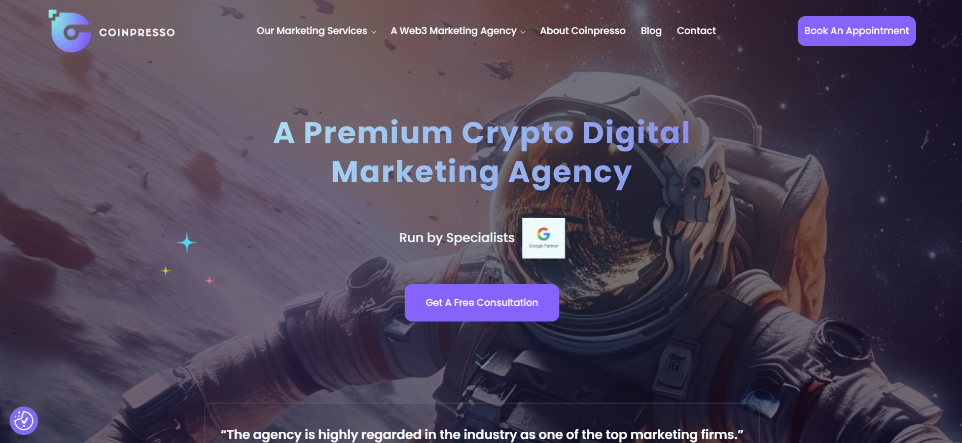Página inicial da agência de marketing de criptografia orientada para o desempenho Coinpresso com campanhas de influenciadores Web3 certificadas pelo Google Partner e serviços de SEO.
