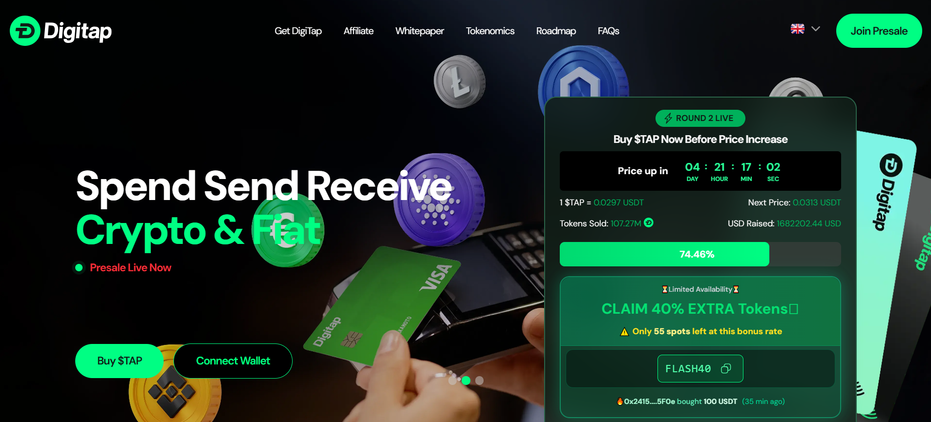 DigiTap banking platform displaying crypto Visa card, fiat conversion features, and staking rewards for cryptocurrency investment November 2025.
