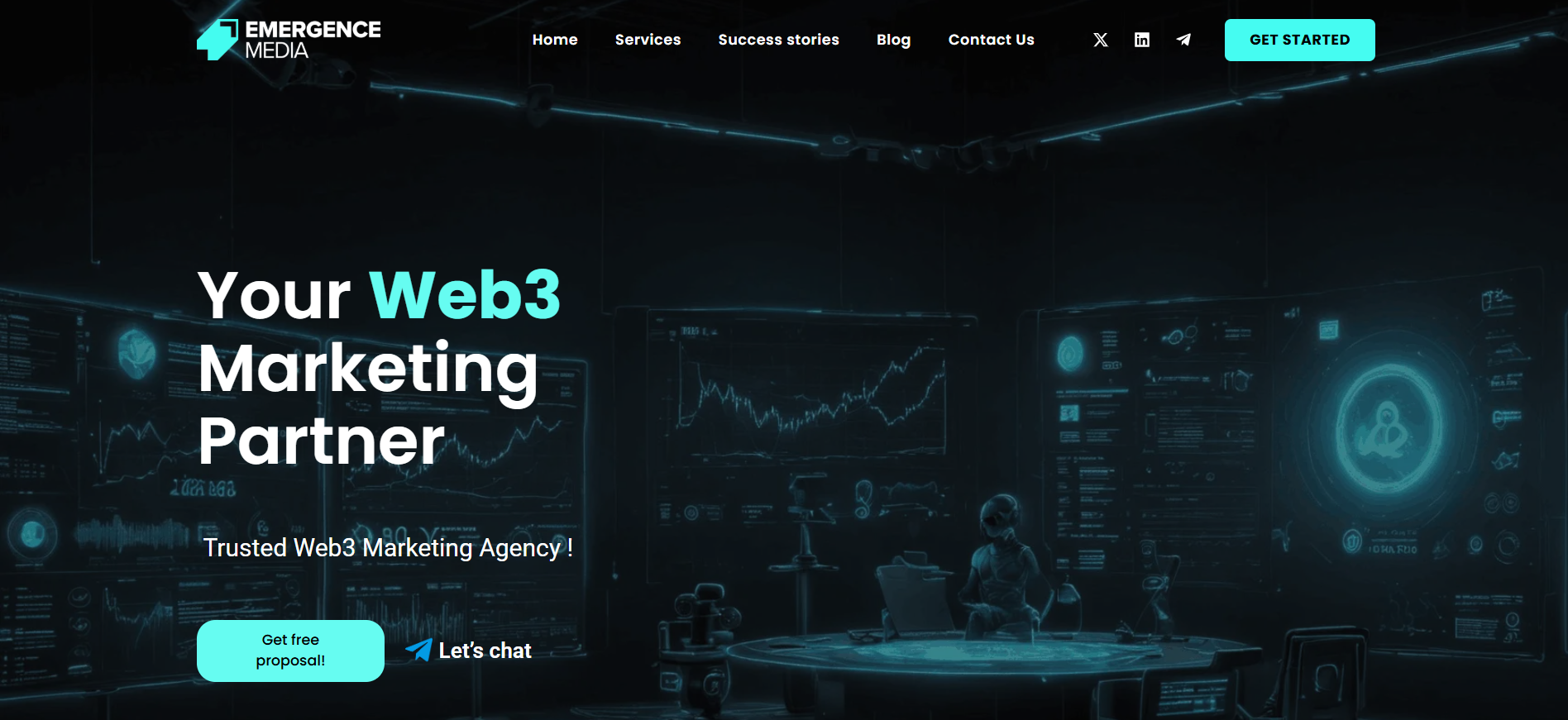 EmergenceMedia homepage showcasing global Web3 influencer marketing services, crypto content creator network and comprehensive blockchain PR campaign solutions.