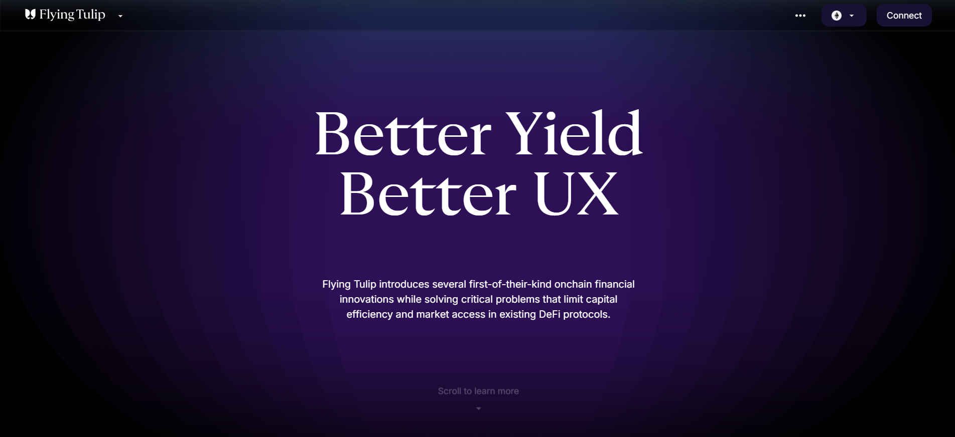 Flying Tulip cross-margin DEX homepage featuring perpetual redemption rights and $200M institutional backing for November 2025 token sale.