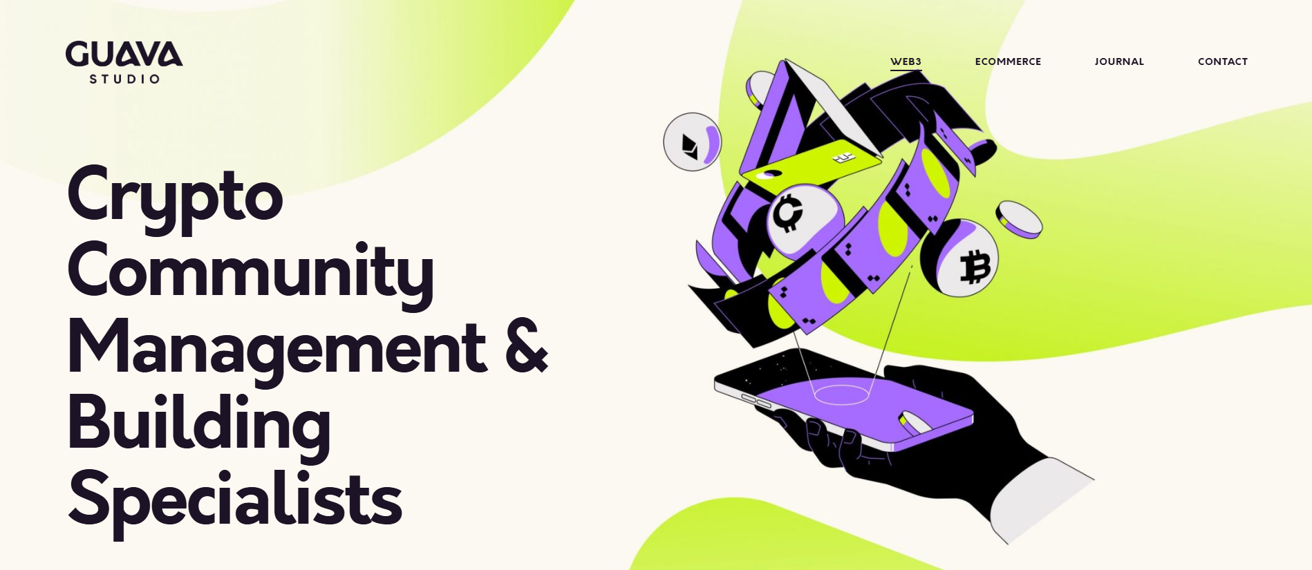 La homepage di Guava Studios offre servizi di gestione di Telegram e campagne airdrop per progetti blockchain.