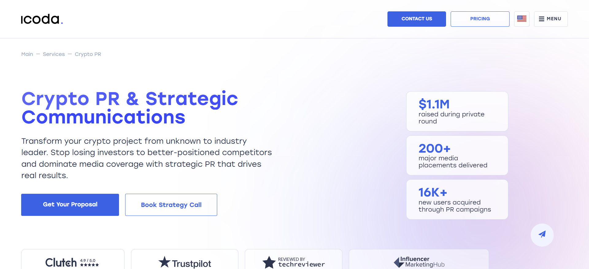ICODA crypto PR agency homepage featuring AI-powered SEO services, proven blockchain marketing case studies and comprehensive Web3 communication solutions.
