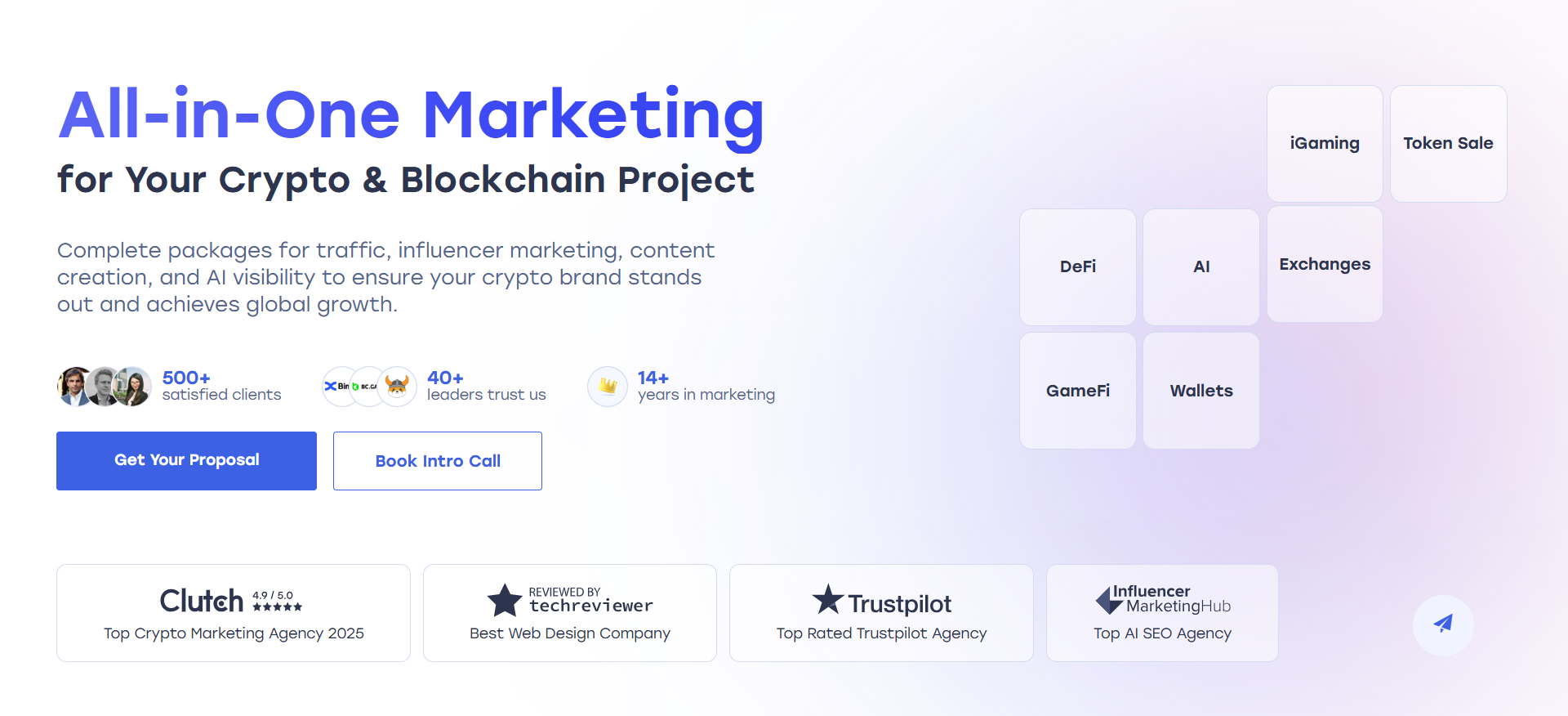 Página inicial da agência de marketing de influência de criptomoedas ICODA, com campanhas Web3 orientadas para resultados e acompanhamento do ROI para projectos de cadeias de blocos.