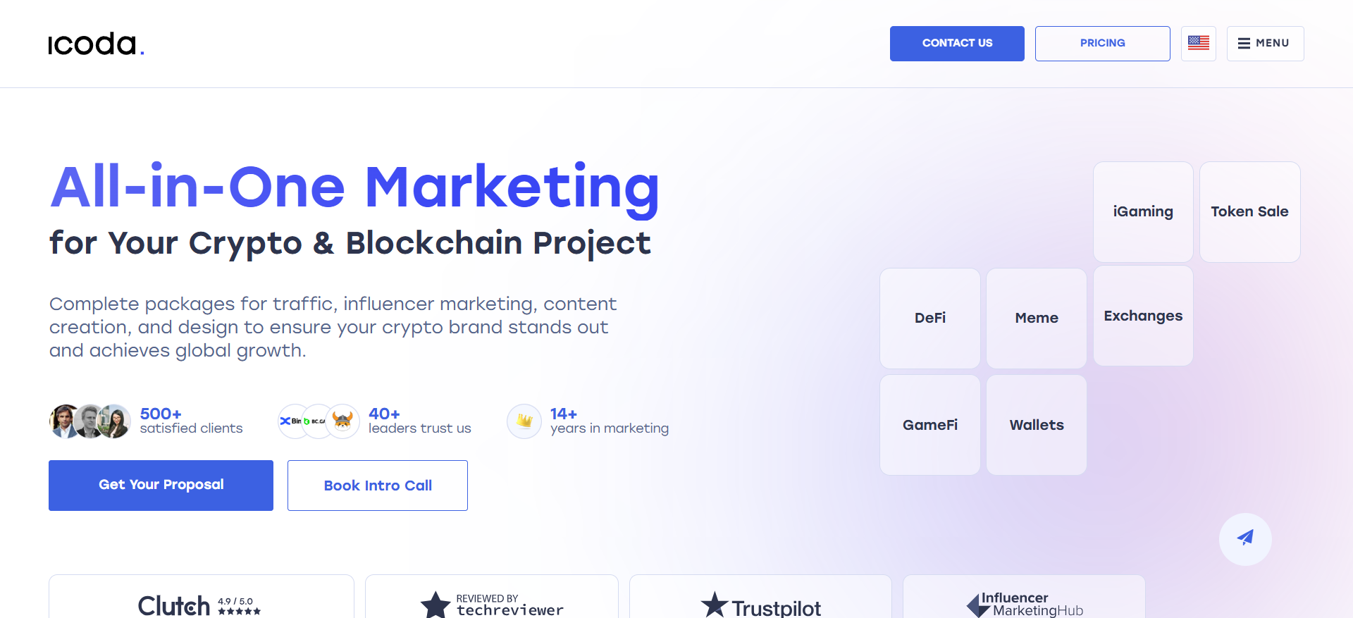 La homepage di ICODA presenta servizi di creazione di comunità blockchain e soluzioni di crypto marketing.