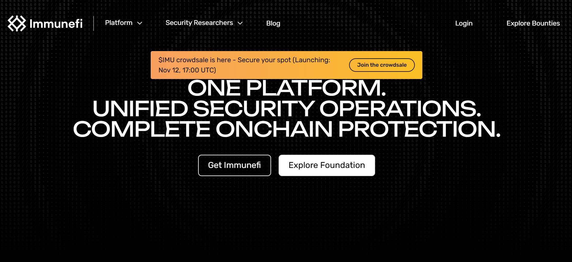 Immunefi Security OS homepage protecting $180B in blockchain assets through AI bug bounty platform for best crypto presales November 2025.