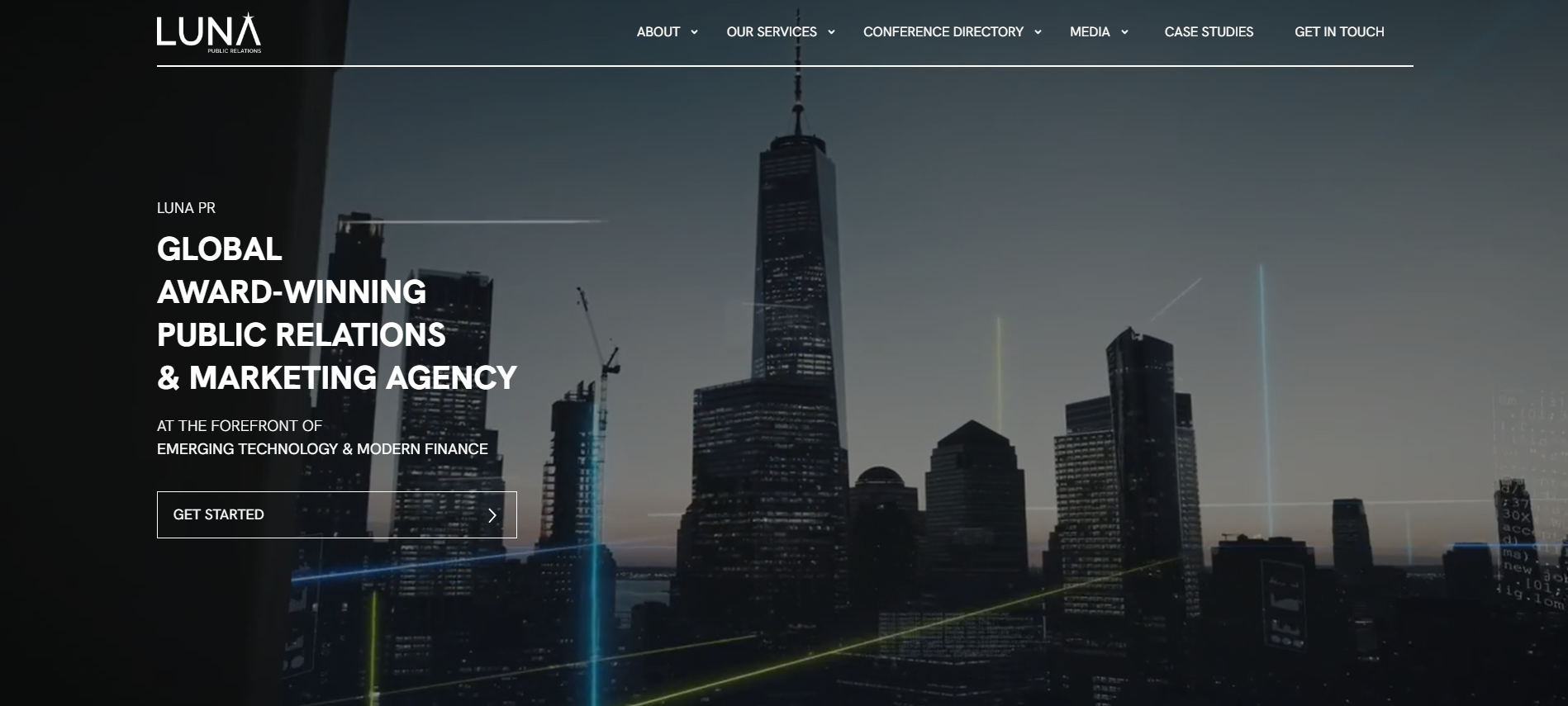 Luna PR homepage presenting Middle East crypto PR services, Asian blockchain market expertise and multilingual Web3 communications for regional cryptocurrency.