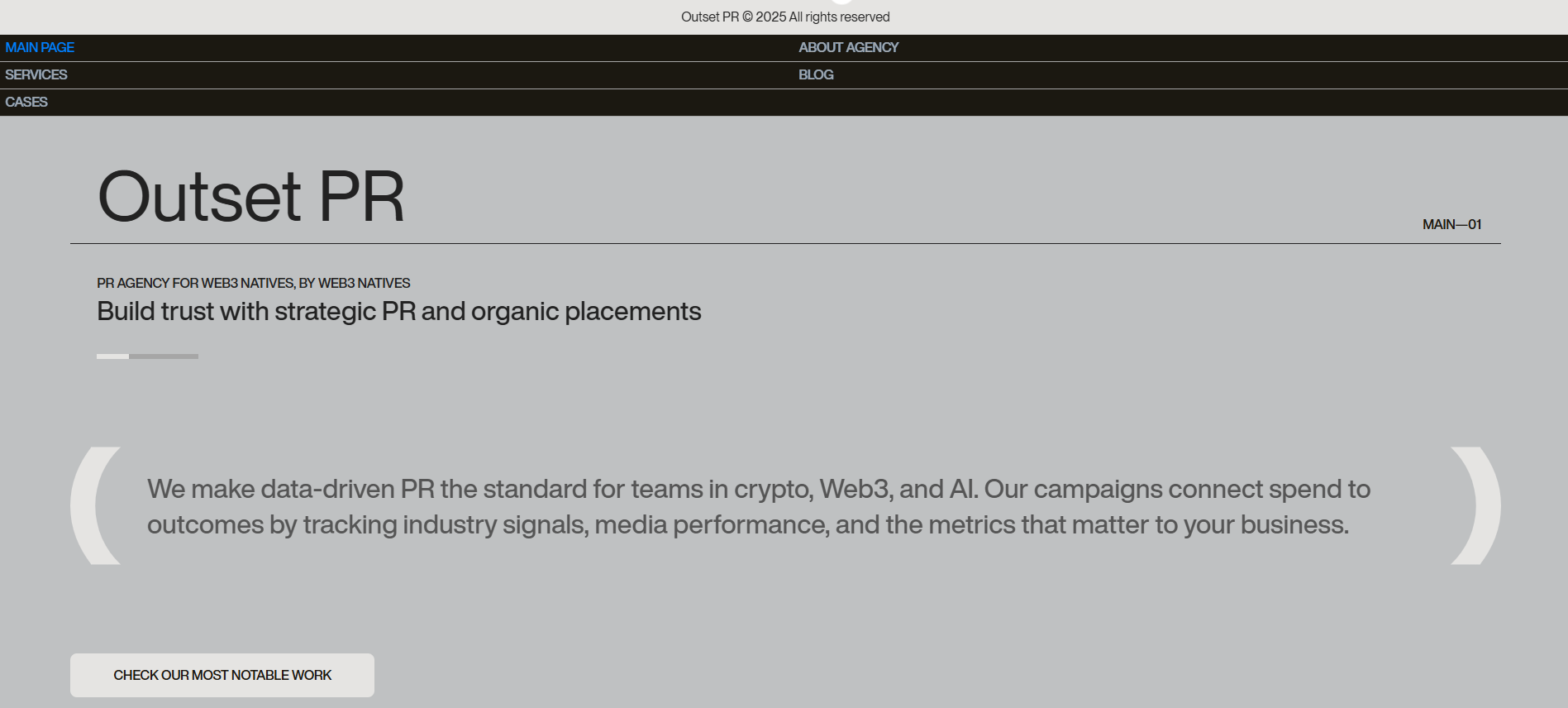 Outset PR homepage featuring data-driven cryptocurrency PR campaigns, proprietary analytics dashboard and ROI tracking tools for Web3 blockchain marketing.