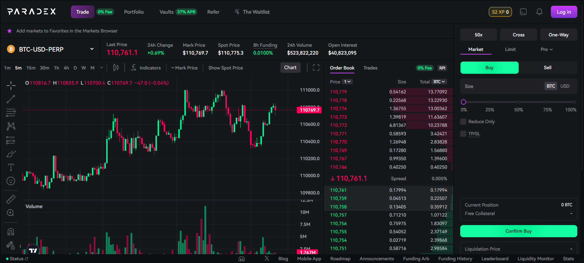 Paradex decentralized exchange trading interface with 591 perpetual futures markets and zero fees.