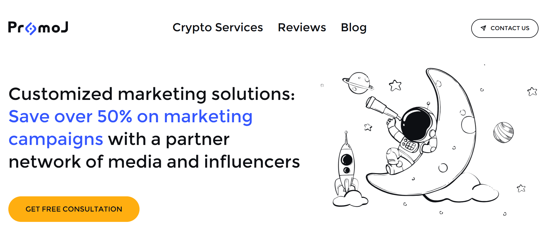 Página inicial da agência de marketing de criptografia PromoJ, especializada em campanhas de influenciadores da Web3 para pré-vendas de tokens e lançamentos de ICO.
