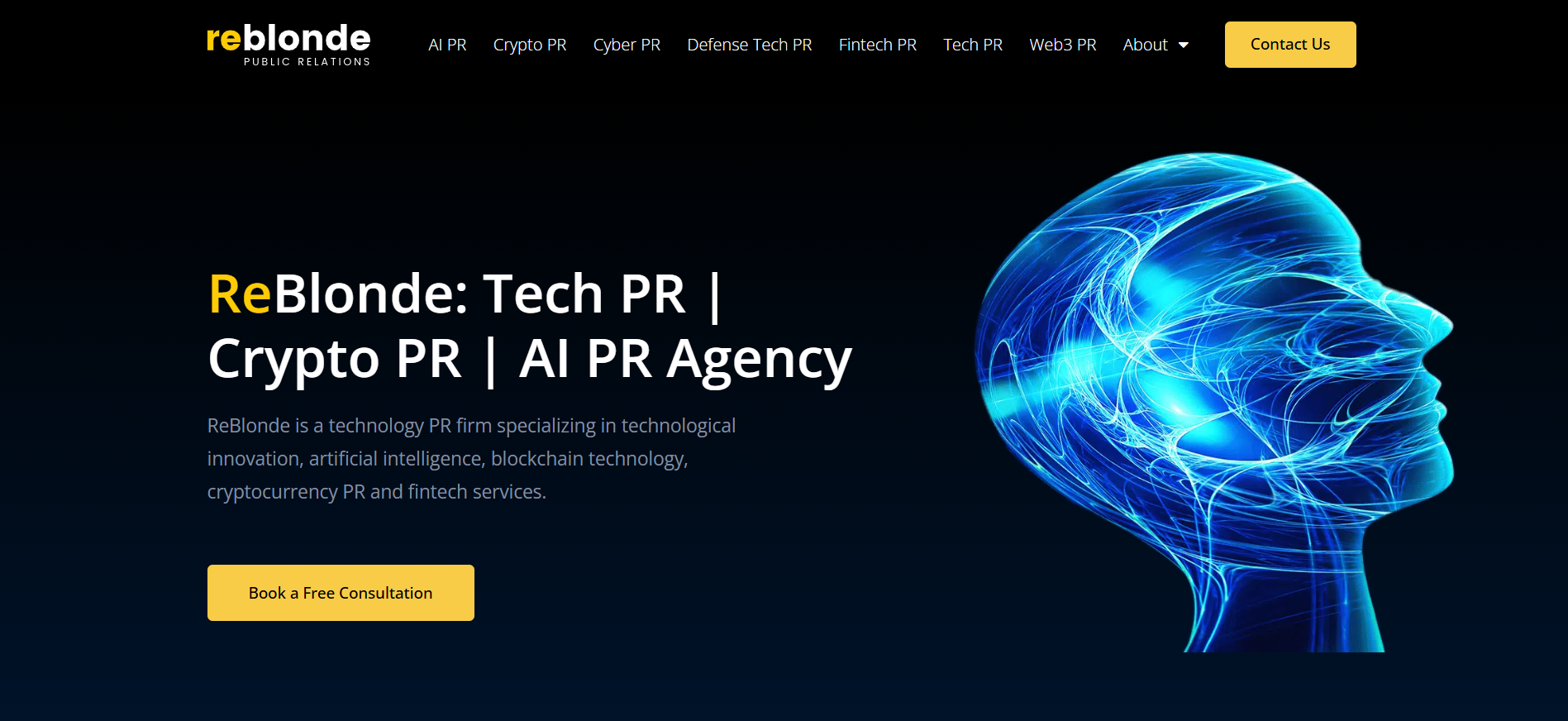 ReBlonde homepage displaying tech PR services for crypto startups, blockchain media relations strategy and early-stage cryptocurrency project communications.