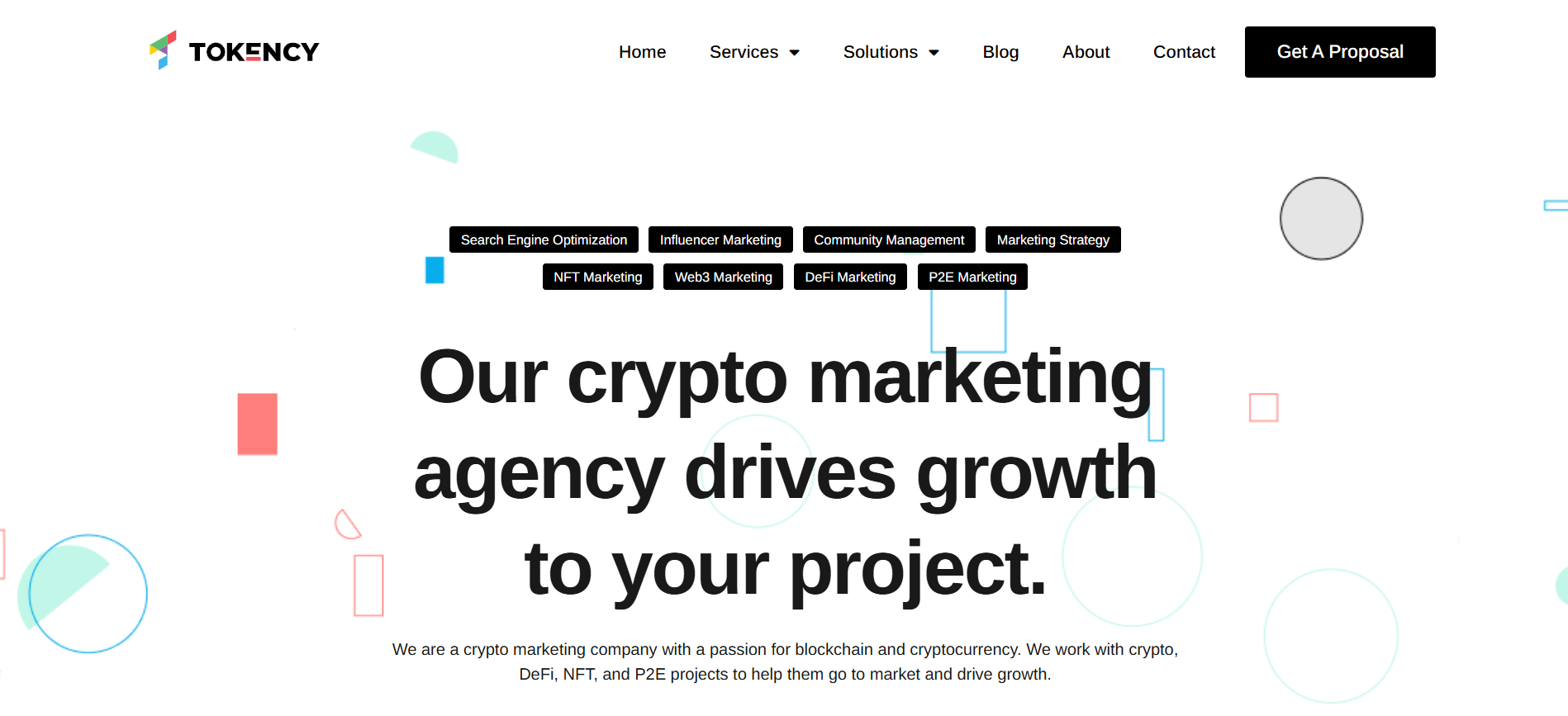 الصفحة الرئيسية لوكالة تسويق العملات الرقمية Tokency التي تقدم عقودًا شهرية وحملات تركز على TVL لبروتوكولات التمويل اللامركزي.