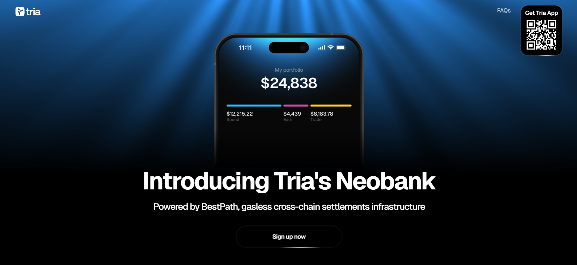Tria neobank platform displaying Visa card integration, 100-chain support, and BestPath AVS for crypto presale investment November 2025.