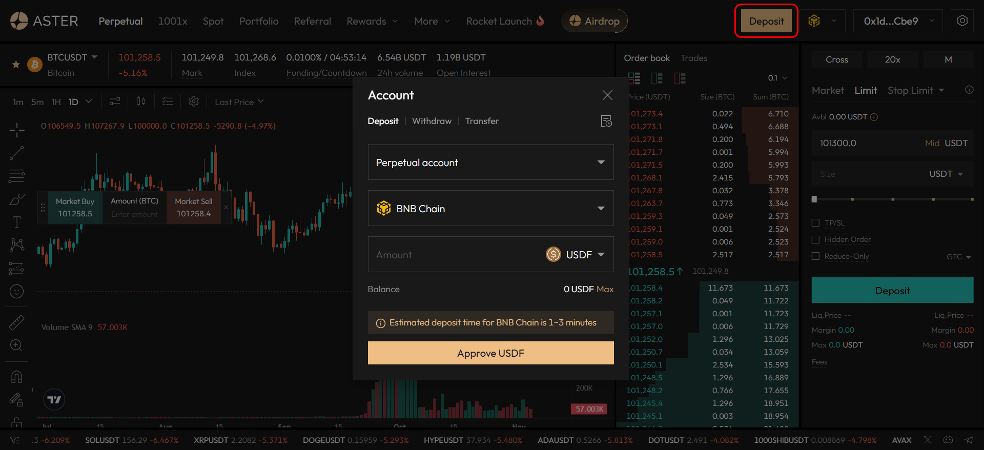 영구 거래 계좌 자금 조달을 위한 BNB 체인 선택 및 USDF 입금 옵션을 보여주는 Aster DEX 입금 인터페이스.