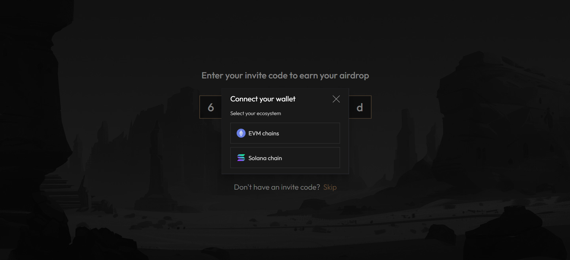 멀티 체인 탈중앙화 거래를 위해 EVM 체인 또는 솔라나 체인을 선택할 수 있는 옵션이 있는 Aster DEX 지갑 연결 인터페이스입니다.