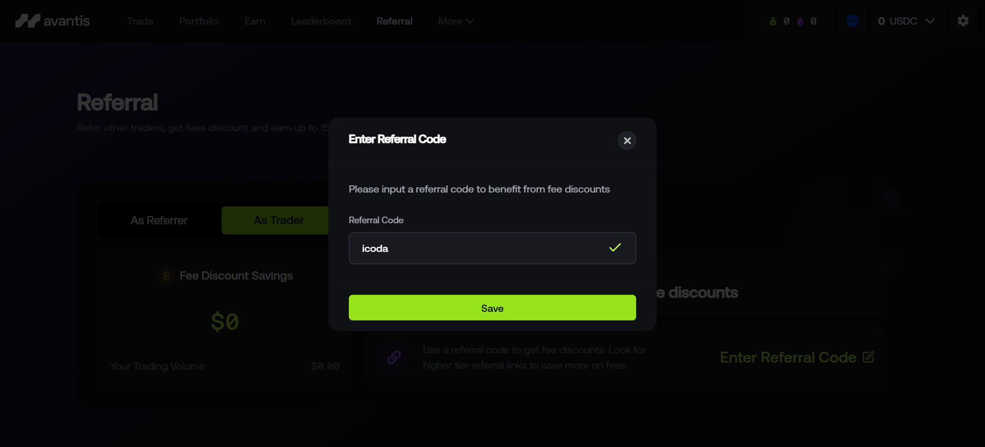 Avantis referral code entry modal with ICODA code entered to activate trading fee discounts.