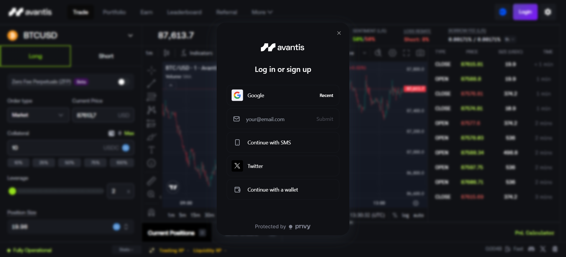 Avantis login and signup page with Web3 wallet connection, Google, email, and social login options.