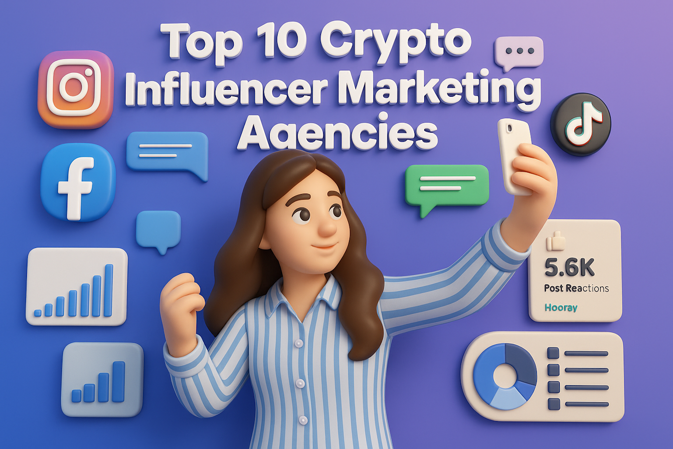 Las mejores agencias de marketing de criptoinfluenciadores se ilustran con las plataformas de redes sociales Twitter (X), Instagram, TikTok, Facebook y la analítica de participación Web3.