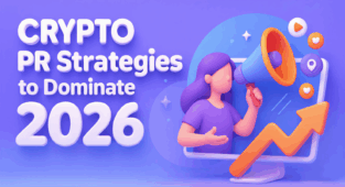 Crypto PR Strategies to Dominate 2026 guide présentant les tactiques de marketing de la blockchain, la croissance de la communauté et les approches de campagne axées sur les données.