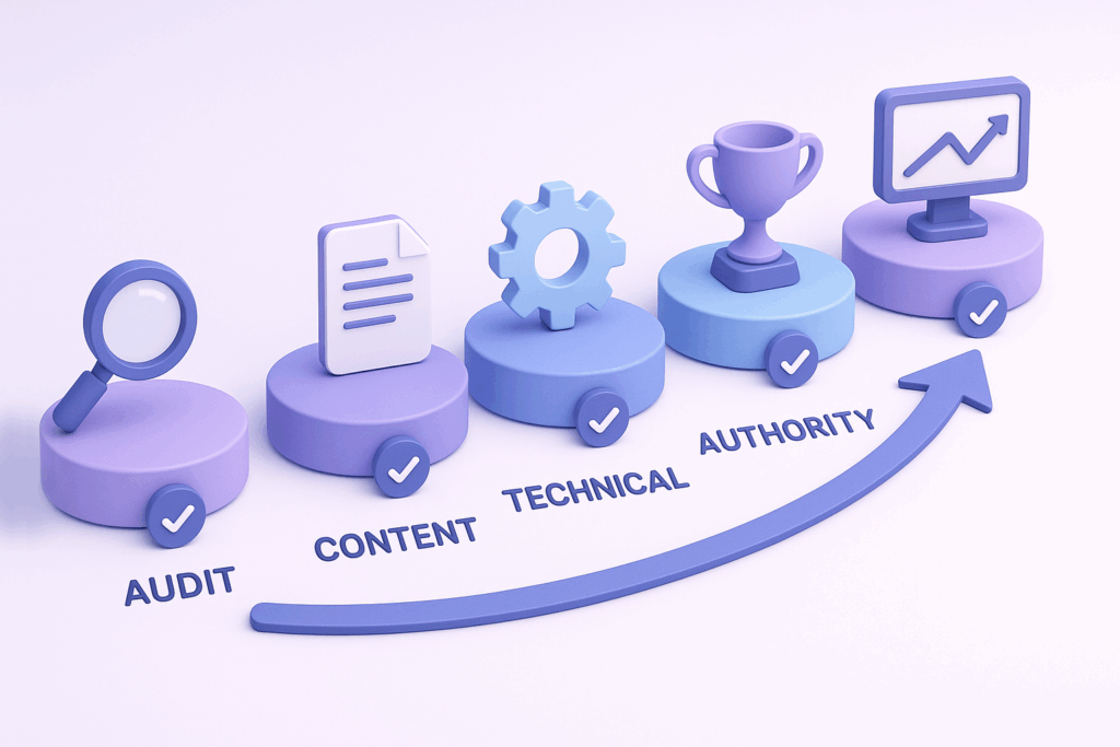 3D roadmap with five stages—Audit, Content, Technical, Authority, Monitor—shown as rounded platforms with icons and an upward arrow.
