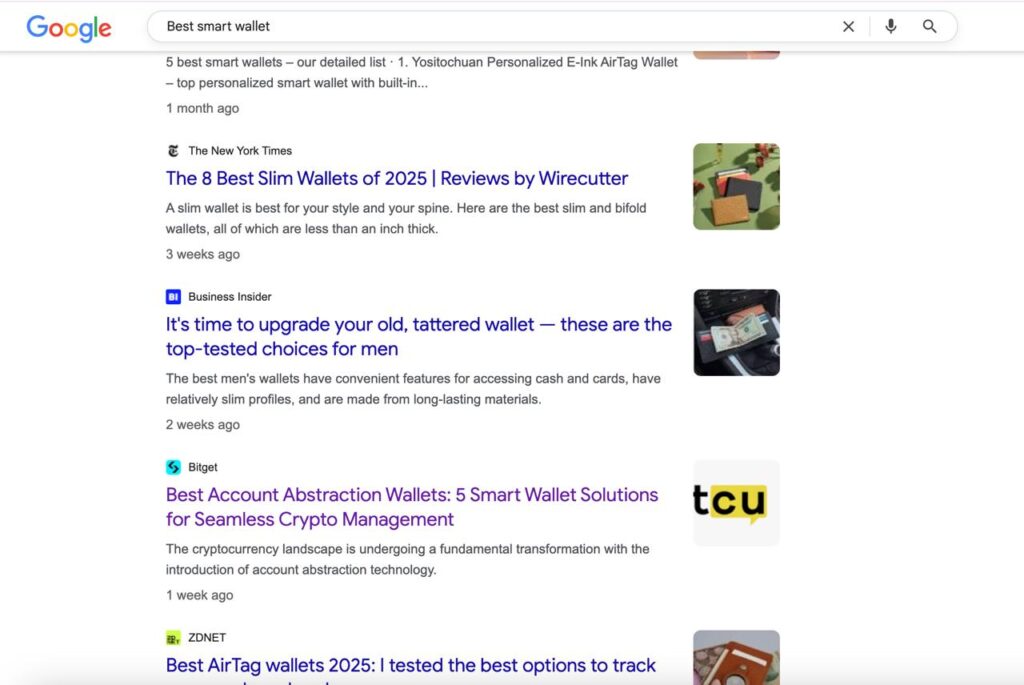 Google search results for best smart wallet queries — illustrating organic visibility trends relevant to crypto PR, product SEO, and AI SEO agency search optimization