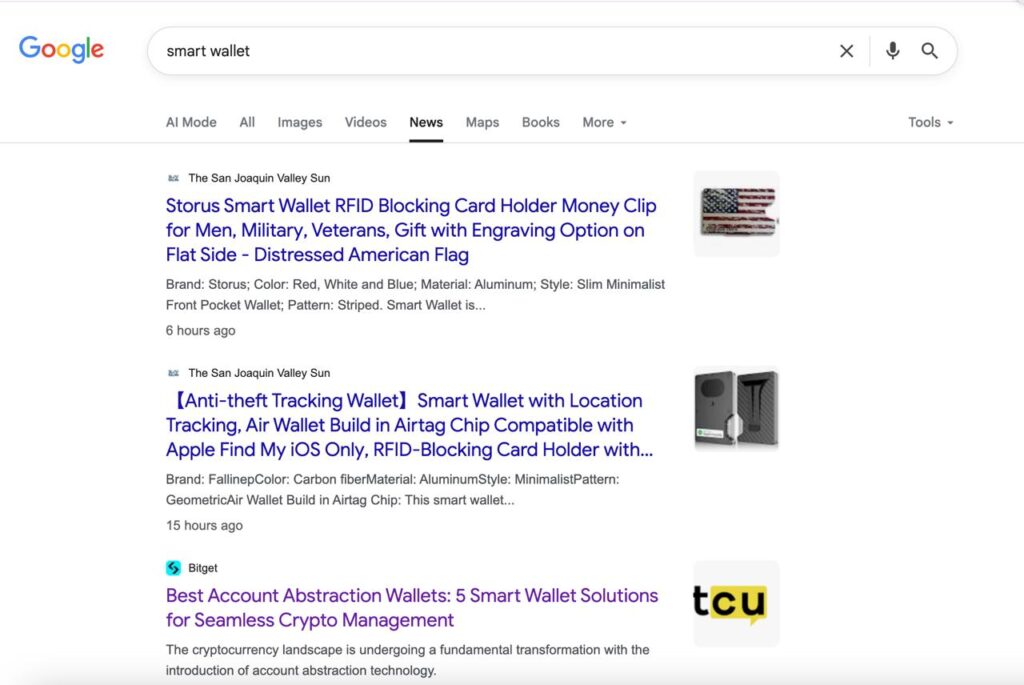 Google News search results for smart wallet industry updates — example of media placements and earned coverage strategies used in crypto PR and AI-powered SEO campaigns