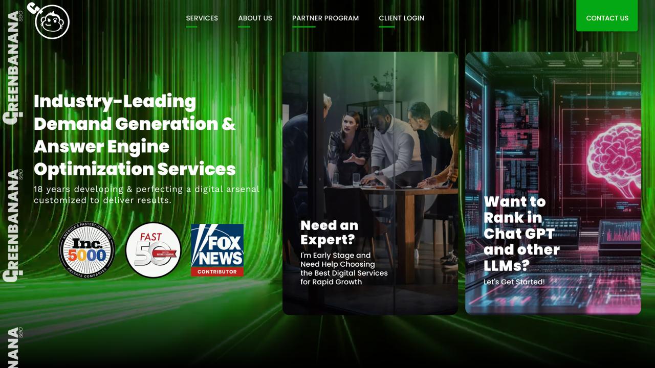 GreenBanana SEO 答案引擎优化和需求生成机构帮助企业在 ChatGPT 等 LLM 中获得排名。