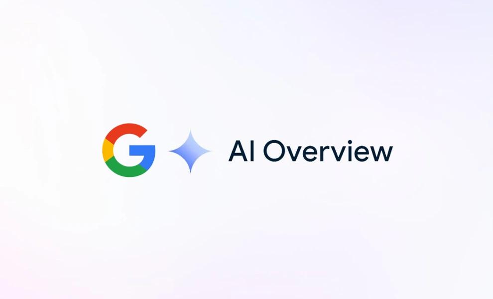 Google AI Overview official logo featuring the colorful Google 'G' icon followed by a blue sparkle symbol and the text 'AI Overview' in black sans-serif font on a light gradient background