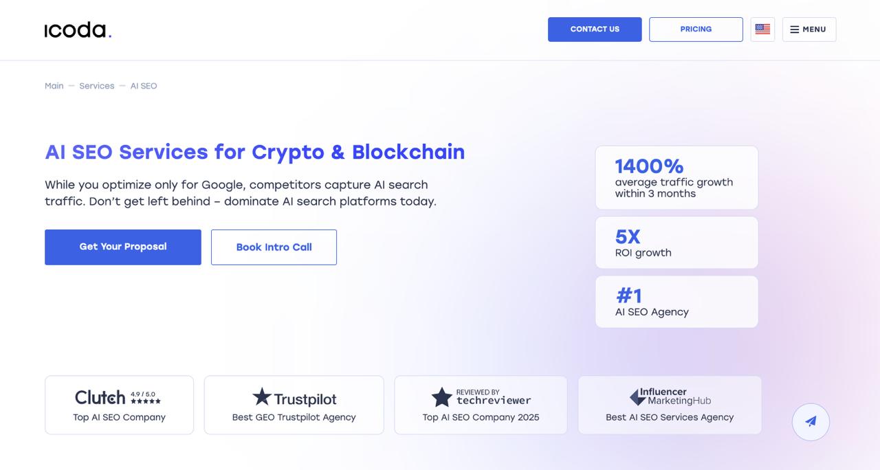 1400% 트래픽 증가 결과를 입증한 암호화폐 및 블록체인 검색 최적화 서비스를 제공하는 아이코다 AI SEO 에이전시 홈페이지